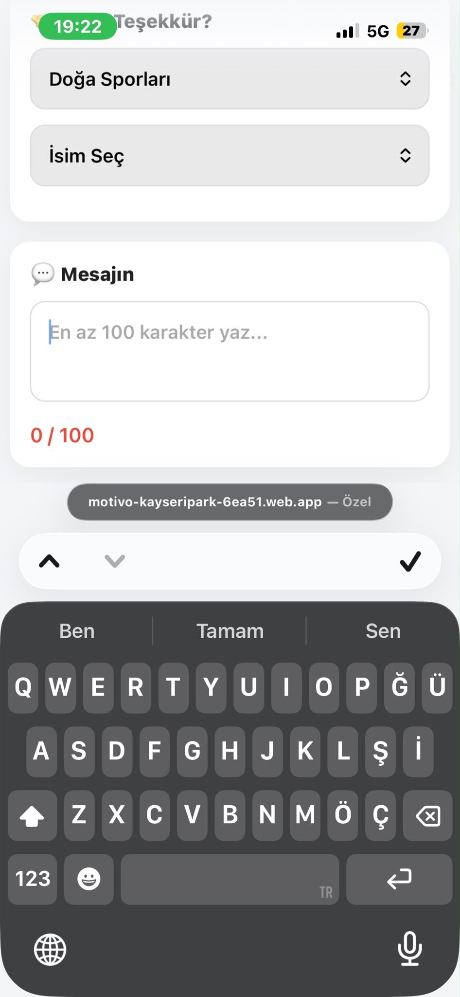Motivo teşekkür gönderme ekranı